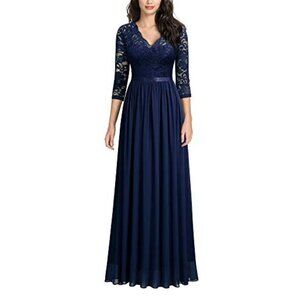 Women's Retro Vintage Floral Lace V Neck Evening Bridesmaid Formal Long Dress